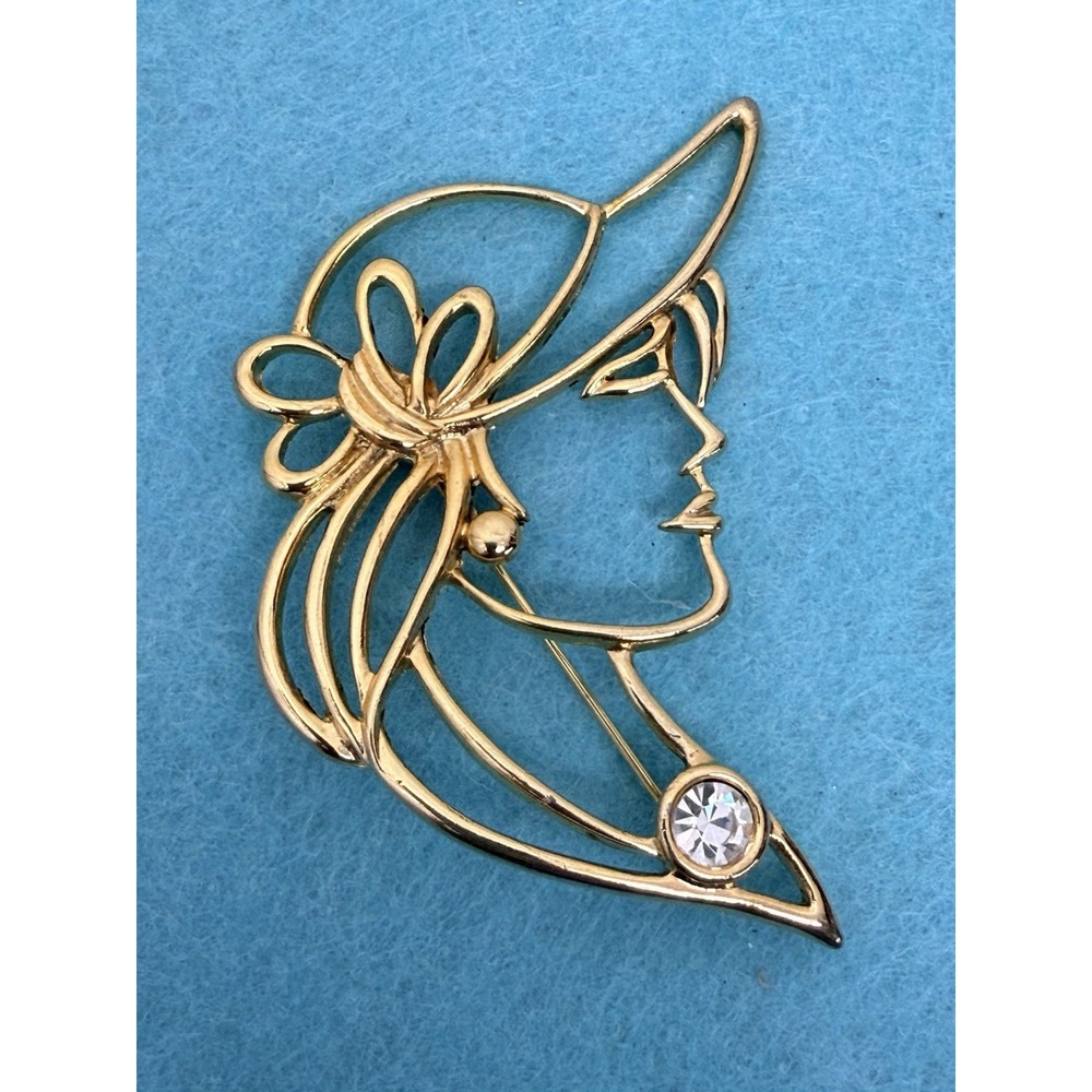 Toma LADY Face Profile Brooch Pin Rhinestone Costume Jewelry Signed Vintage